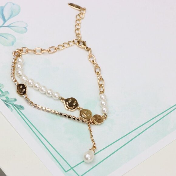 Rose Gold Smiley Face Pearl and Crystal Layered Bracelet, XPBL0671 - Picture 5 of 12